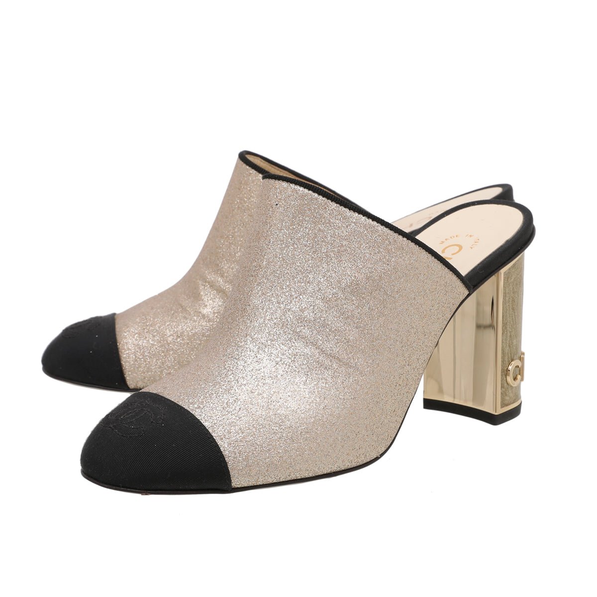 Chanel Bicolor CC Cap toe Glitter Mules With Block Heels 38