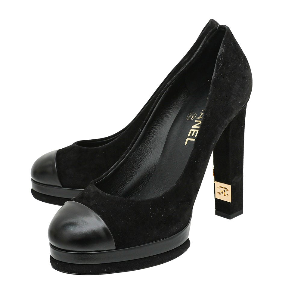 Chanel Black Cap Toe Platform CC On Heels Pumps 40