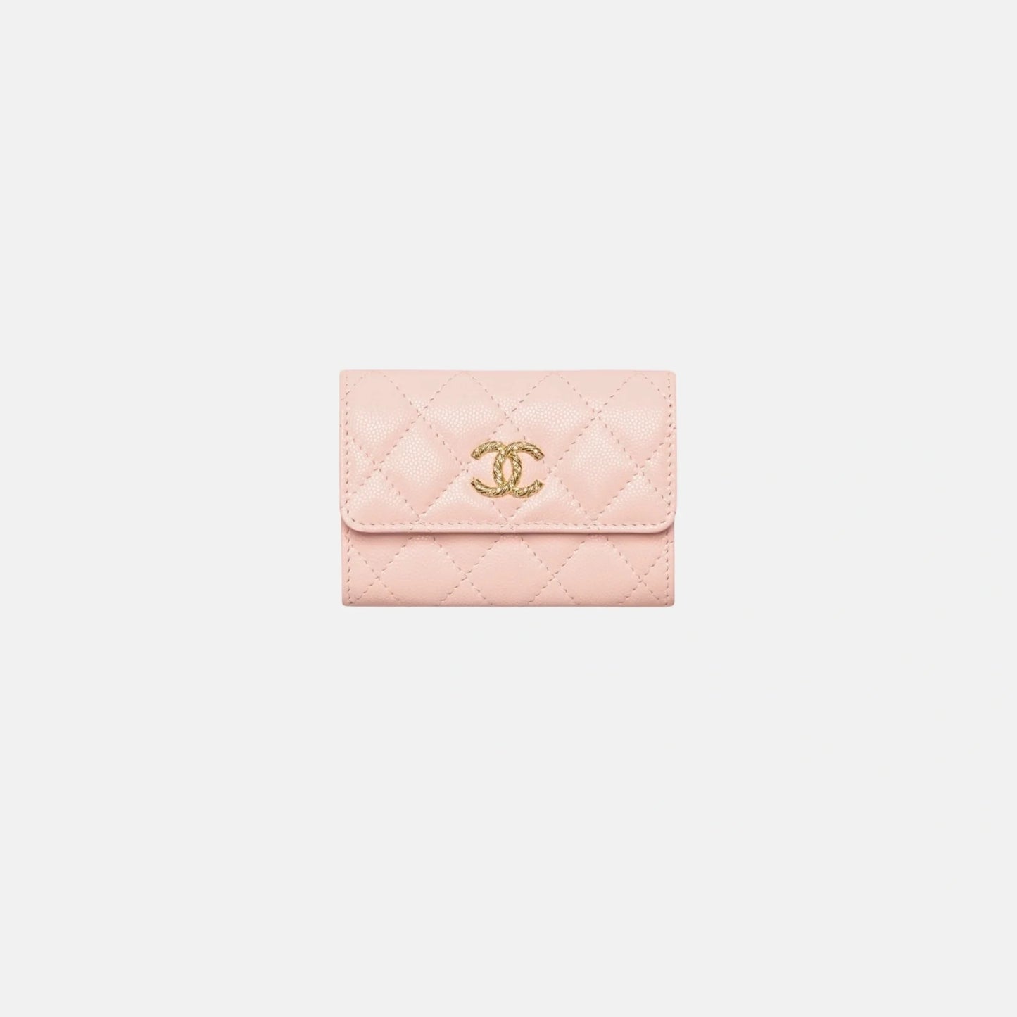 Chanel Card Holder in Shiny Grained Calfskin Strass Gold Tone Metal, Light Pink, Front