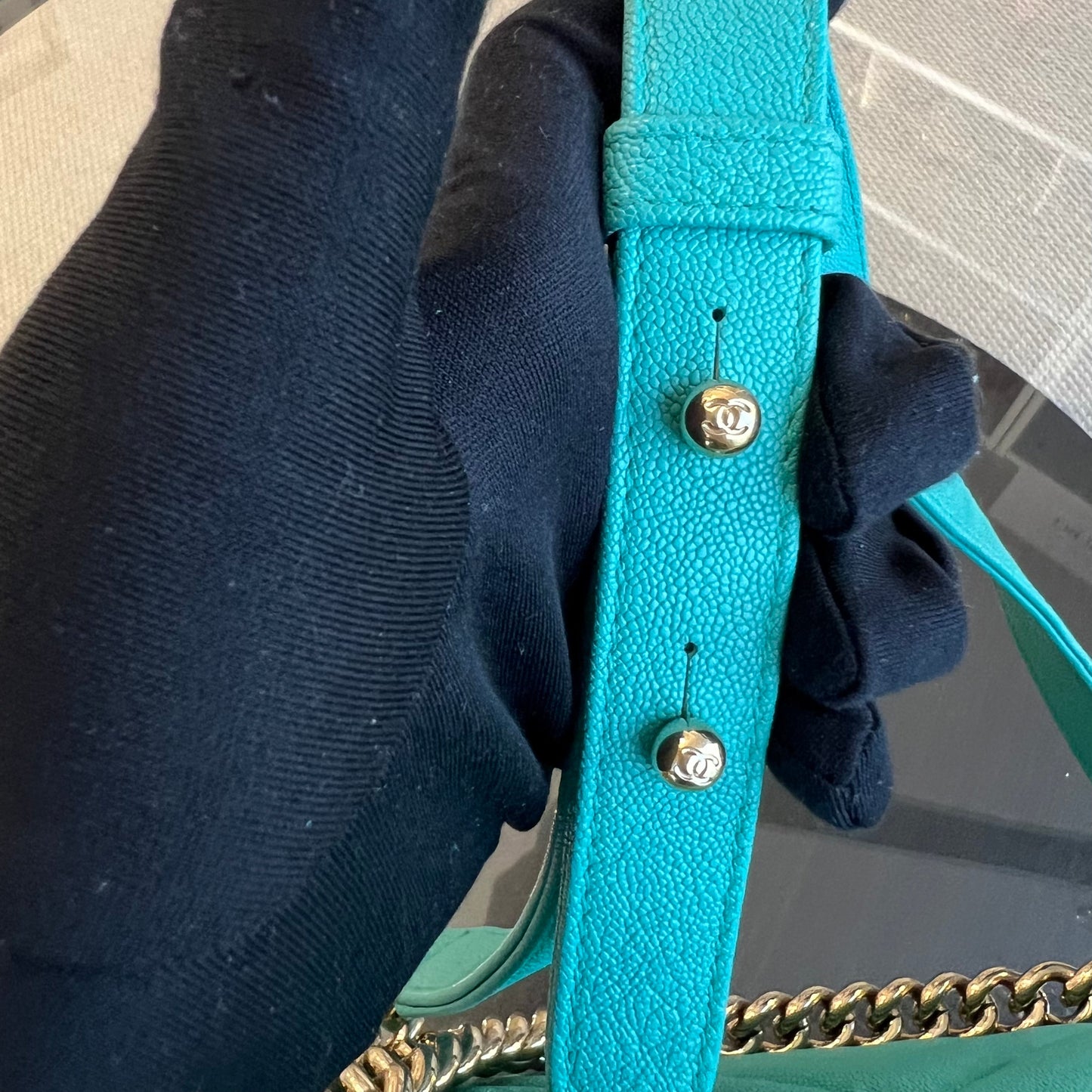 Caviar Boy Old Medium 25CM Chevron Grained Calfskin Cyan Green Blue Light Golden Hardware Series 27
