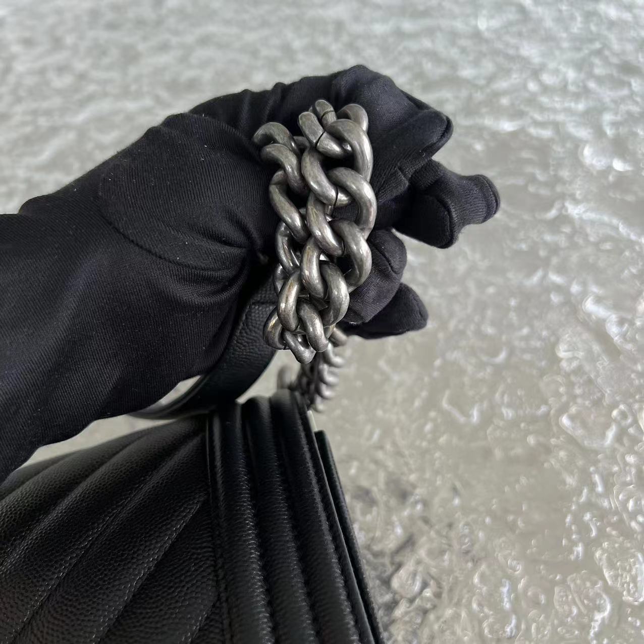 Caviar Boy Old Medium Chevron Grained Calfskin Black Silver Hardware Series 25