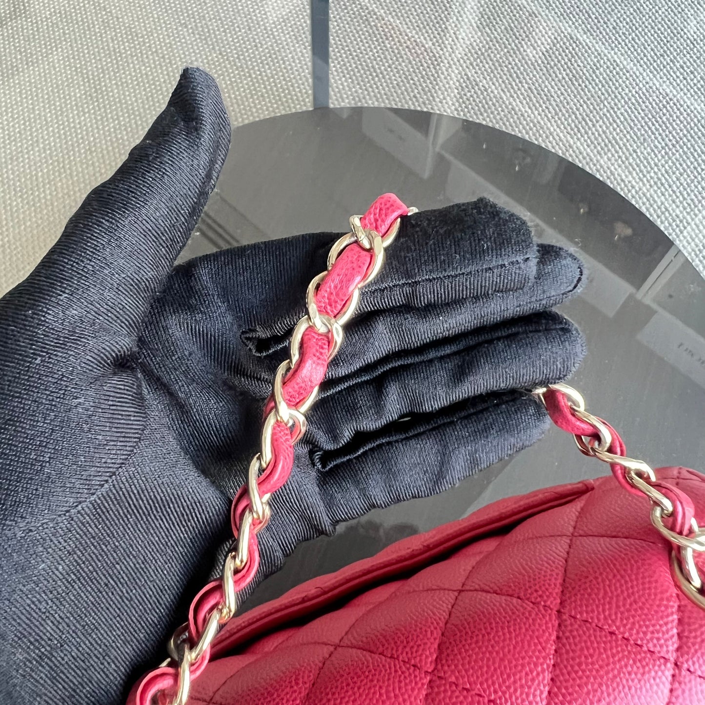 Caviar Classic Flap Mini Square Quilted Grained Calfskin Red Hot Pink Golden Hardware Series 23
