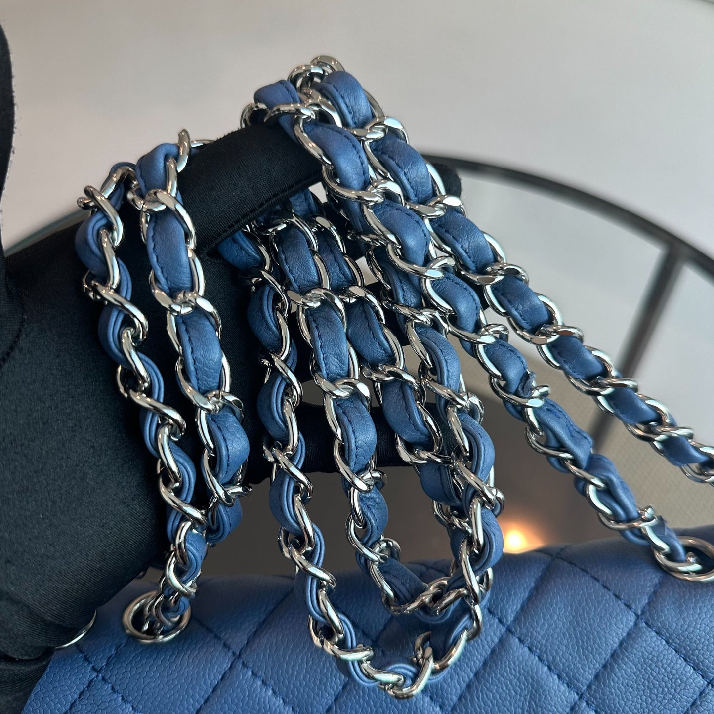 Caviar Jumbo Classic Flap 30CM Quilted Calfskin Blue SHW No 12