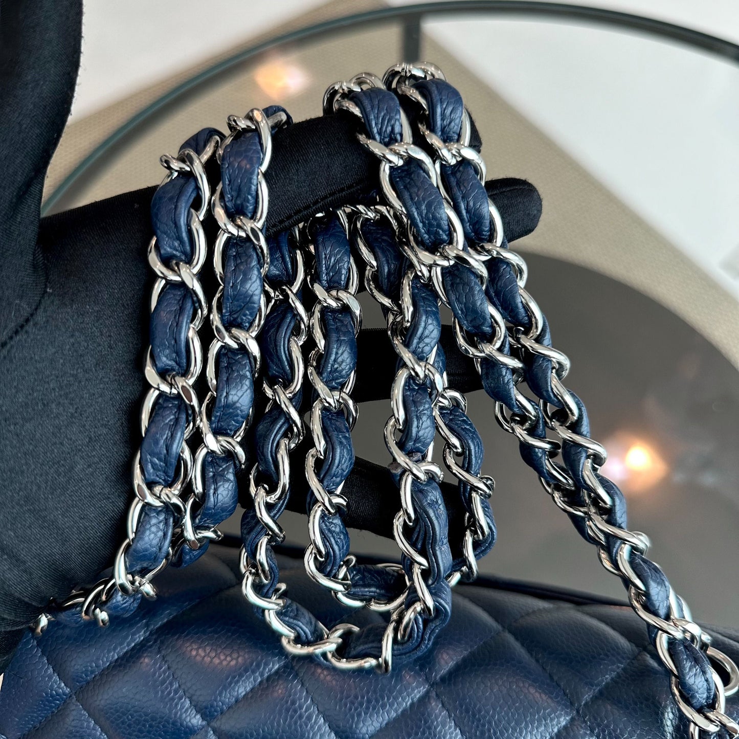 Caviar Jumbo Classic Flap Quilted Calfskin Dark Blue SHW No 15