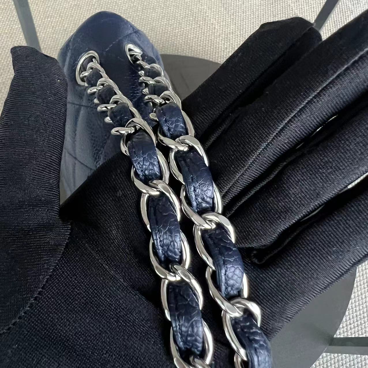 Caviar Jumbo Double Flap Classic Flap Quilted Grained Calfskin Dark Blue Silver Hardware Series 19
