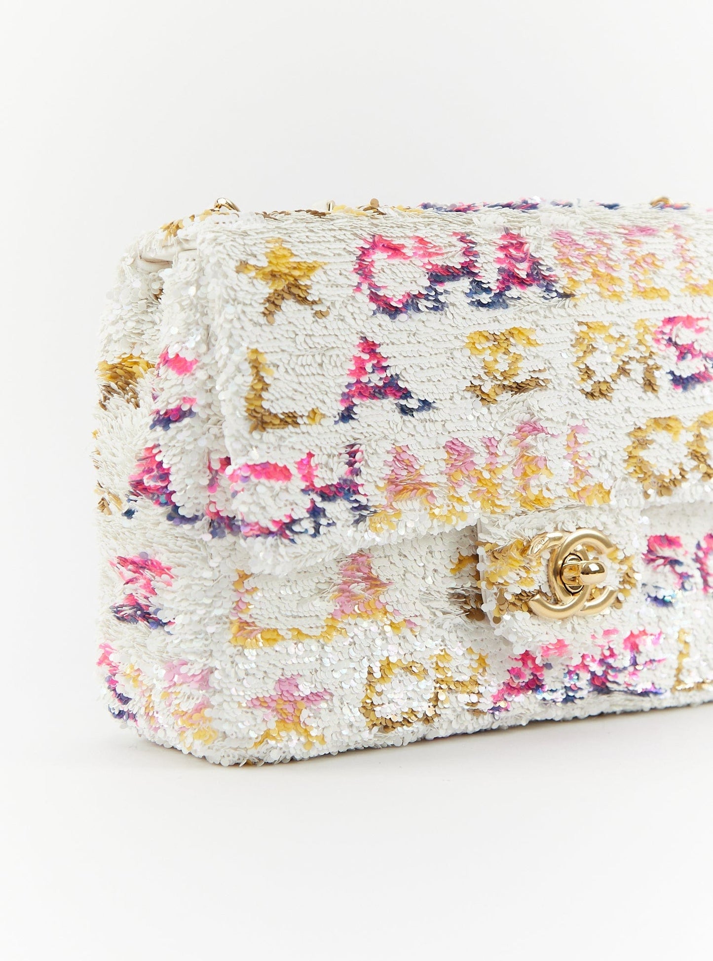 CHANEL MINI RECTANGLE DISCO FLAP BAG WHITE, YELLOW & PINK Sequins & Calfskin with Gold-Tone Hardware