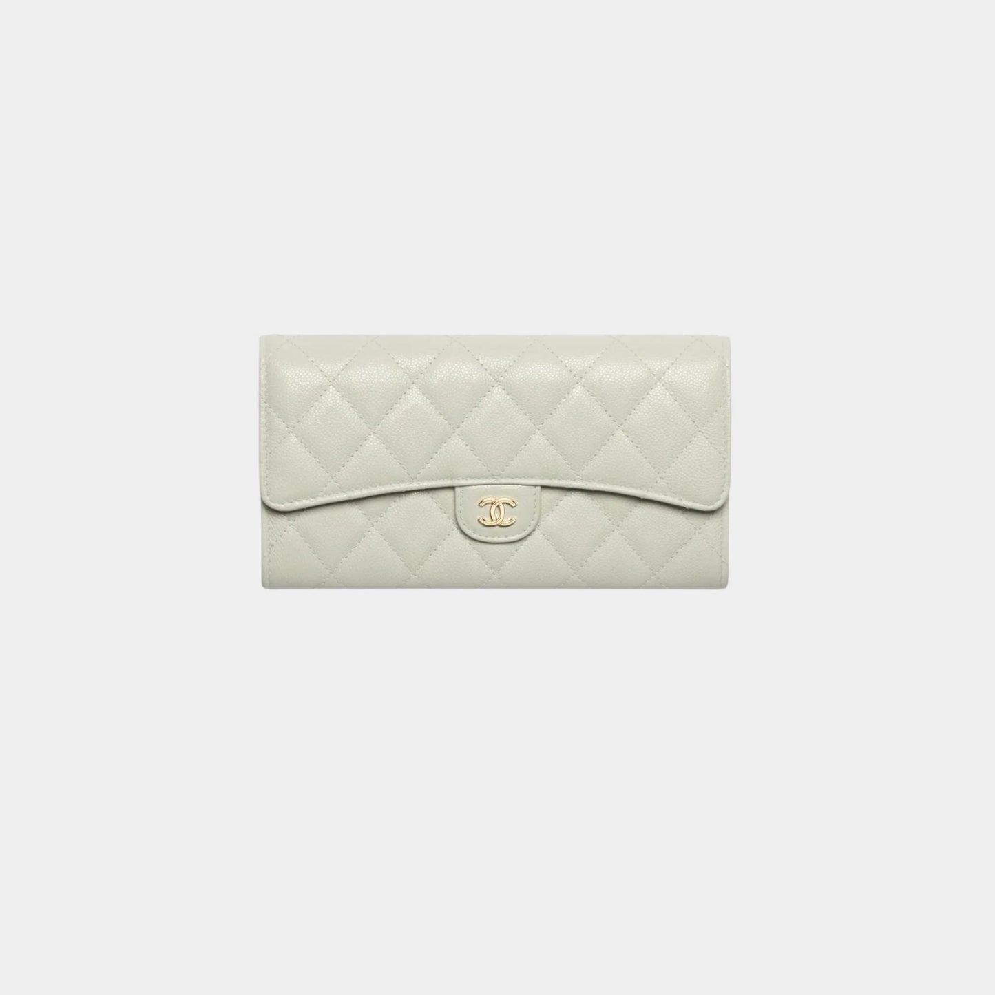 Chanel Classic Long Flap Wallet Grained Shiny Calfskin & Metal, Light Green , Front
