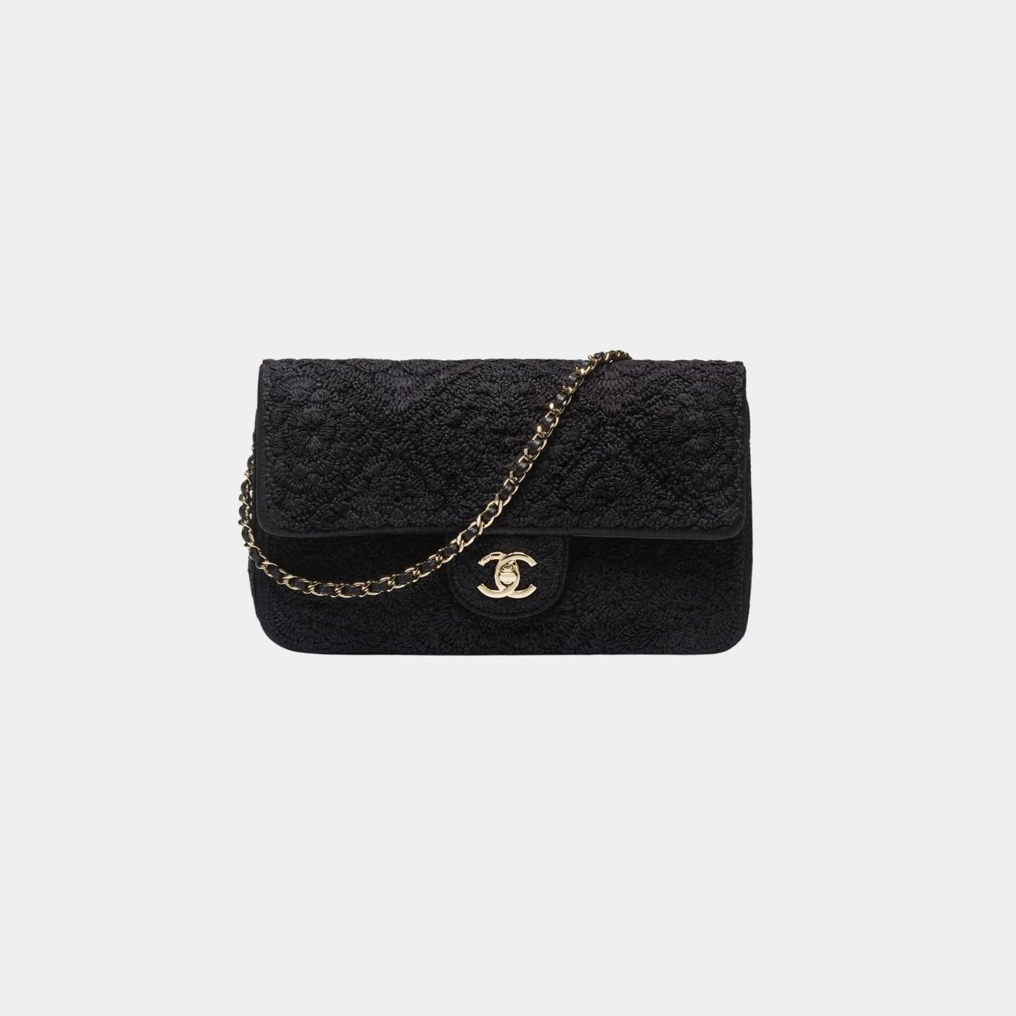 Flap Bag Crochet Effect Weaving & Gold Tone Metal Black