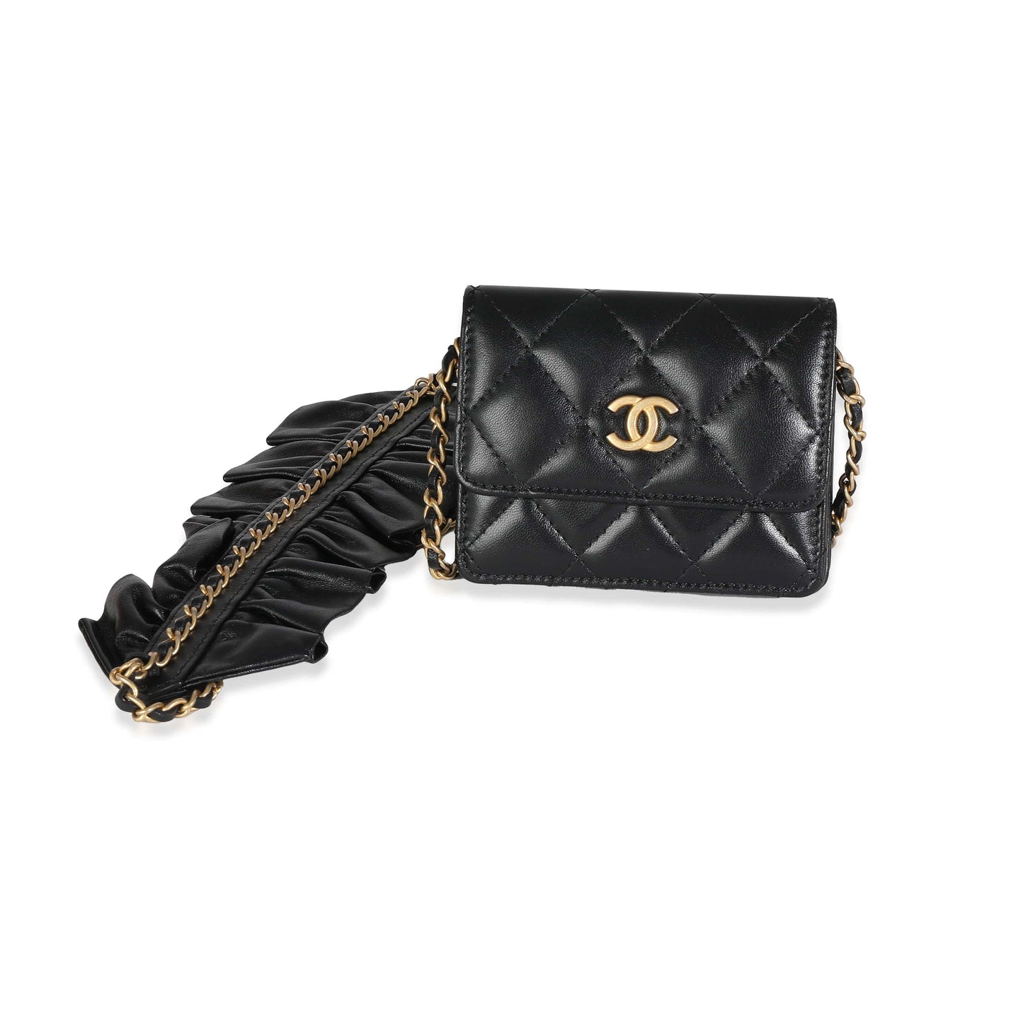 Chanel Black Quilted Lambskin Ruffled Card Holder On Chain