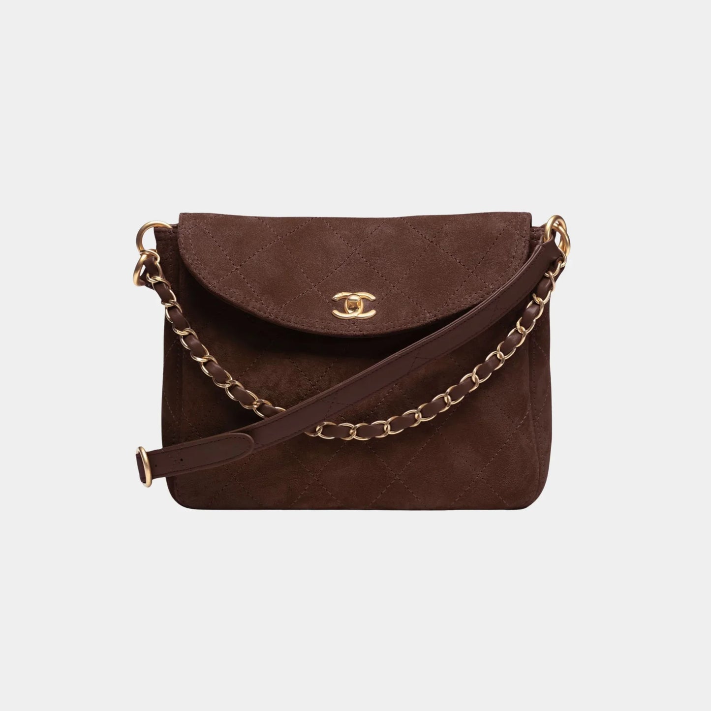 Chanel Hobo Handbag in Suede Calfskin & Gold Metal, Dark Brown, Front