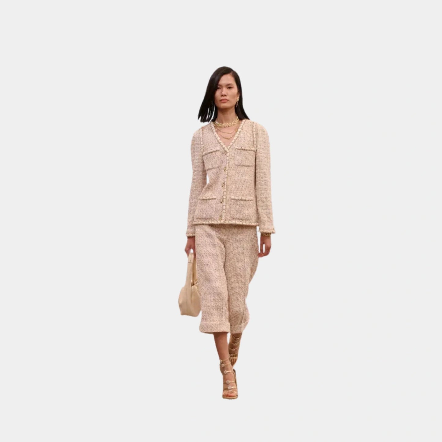 Chanel Jacket Cotton Tweed in Ecru & Gold, Front