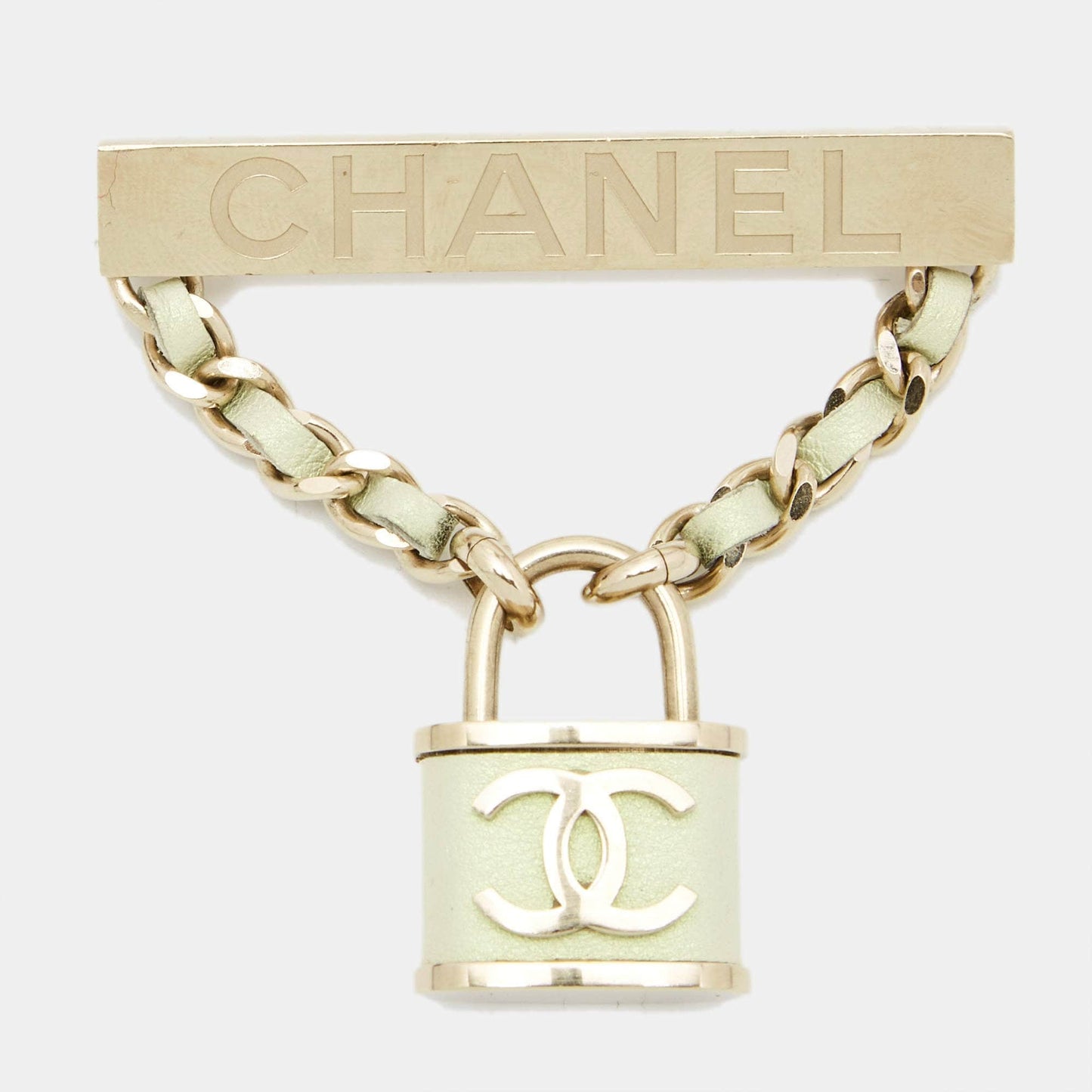 Chanel CC Lock Leather Gold Tone Brooch RJC4291