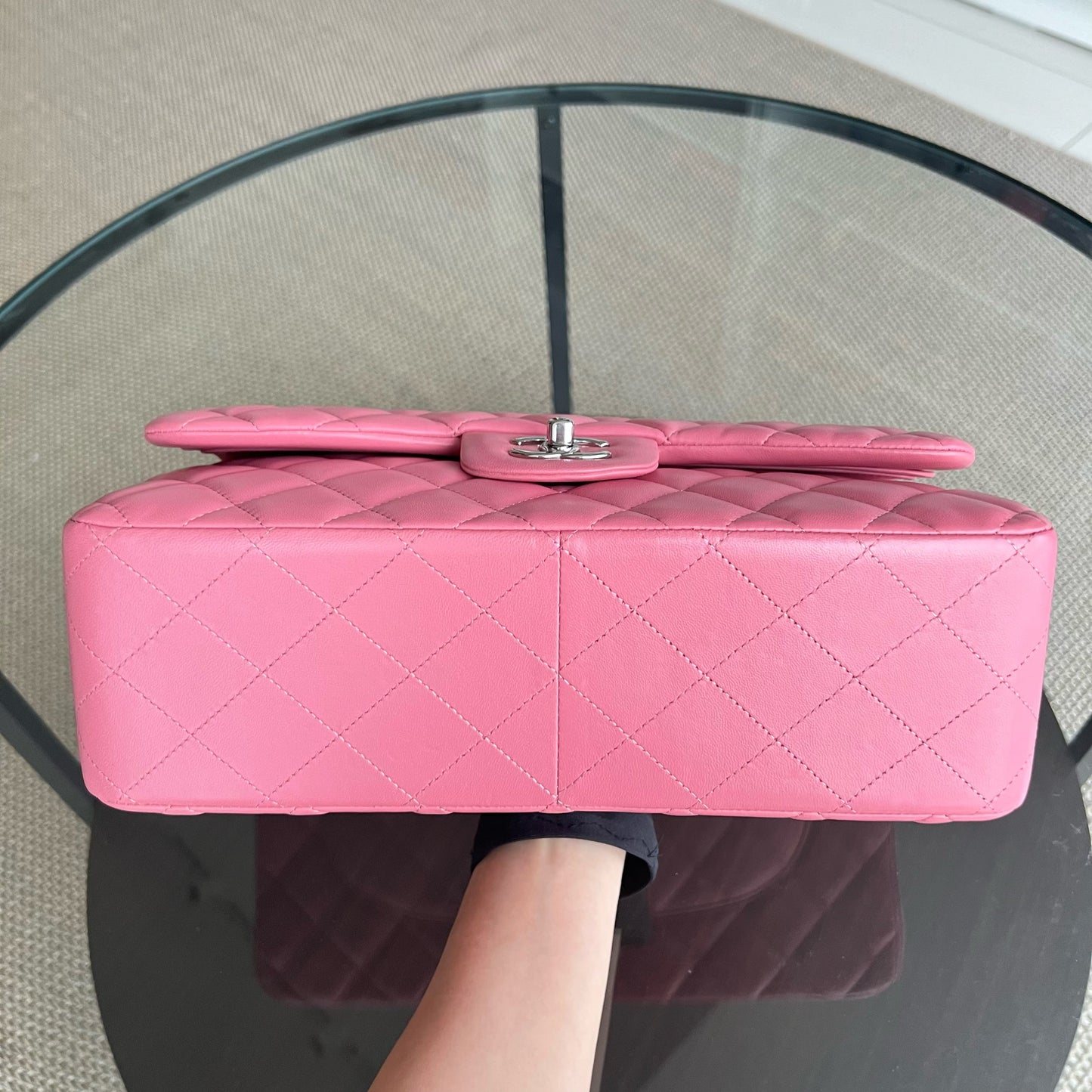 Balance of Jumbo Double Flap Classic Flap Quilted Lambskin Sakura Pink Silver Hardware Series 18