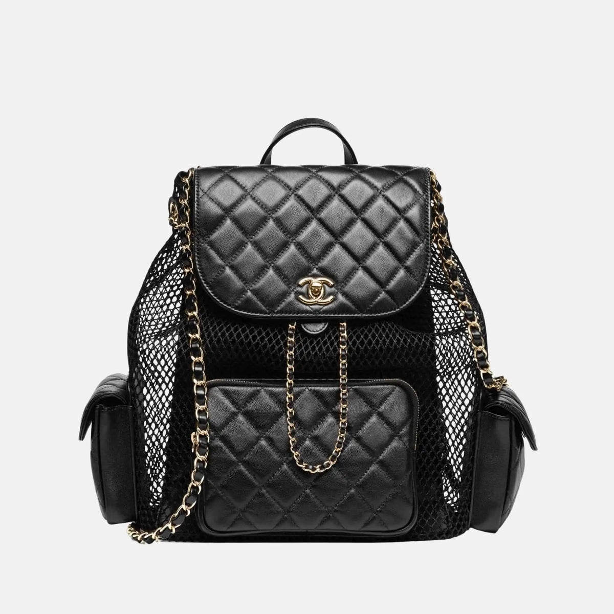 Large Backpack In Mesh Shiny Lambskin And Gold Tone Metal