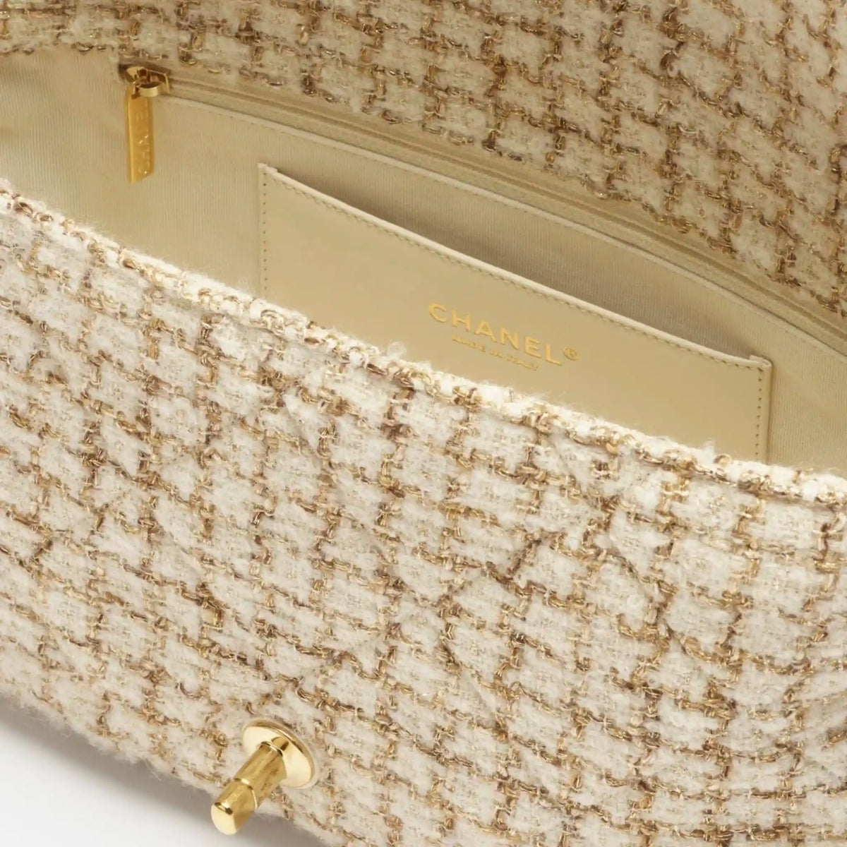 Large Flap Bag Tweed & Gold Metal Ecru Beige & Gold