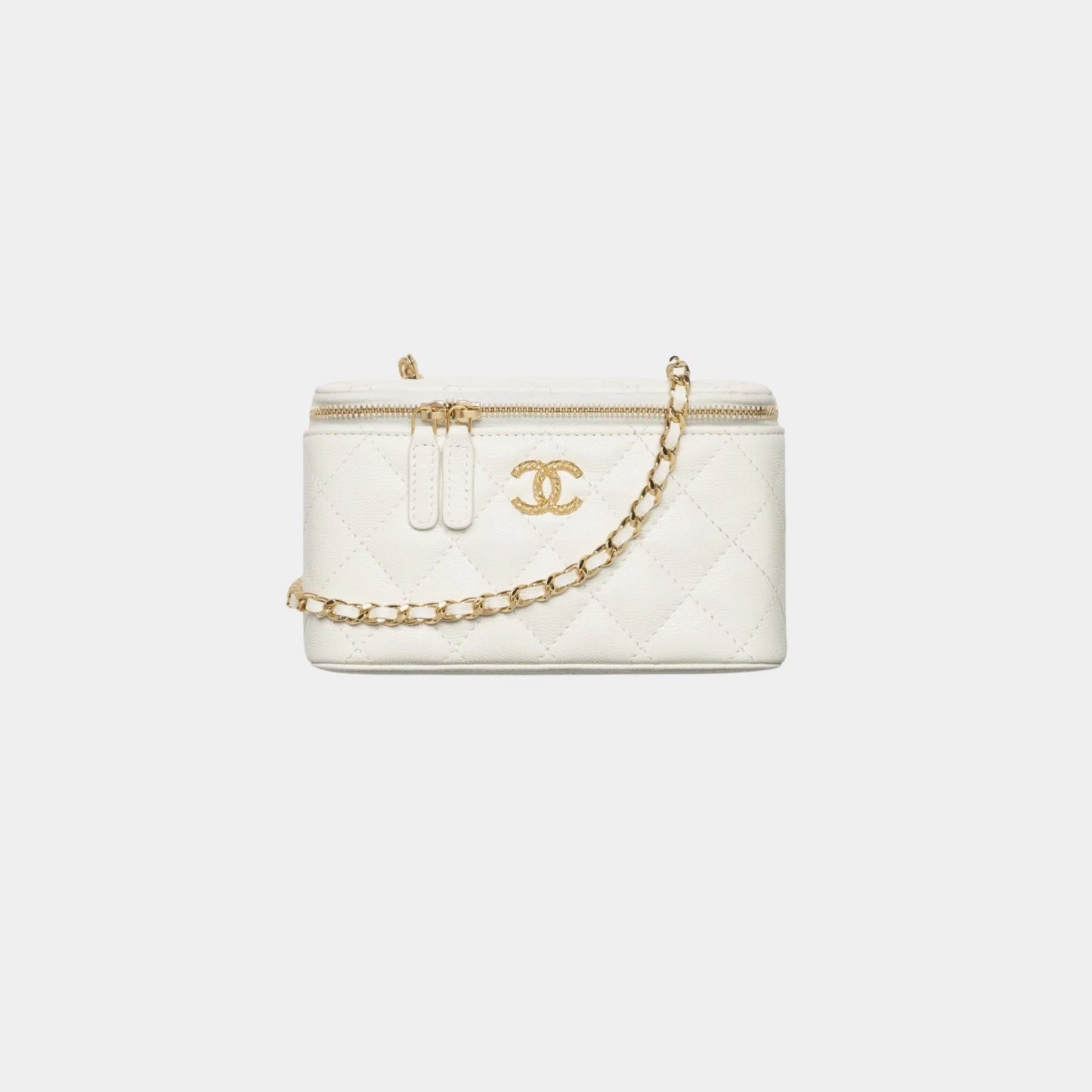 Chanel Long Vanity With Chain Shiny grained Calfskin Strass & Gold Tone Metal, White