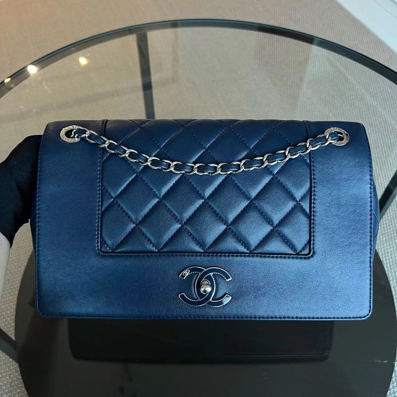 Mademoiselle Medium Seasonal Double Flap Calfskin Quilted Dark Navy Blue Series 23