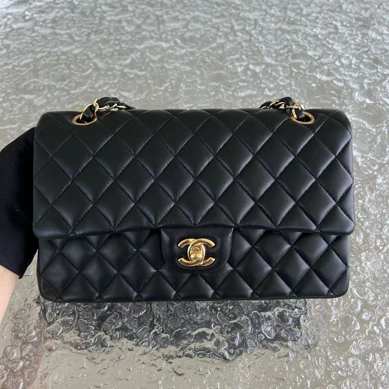 Double Flap Quilted Lambskin Black Golden Hardware Series 19