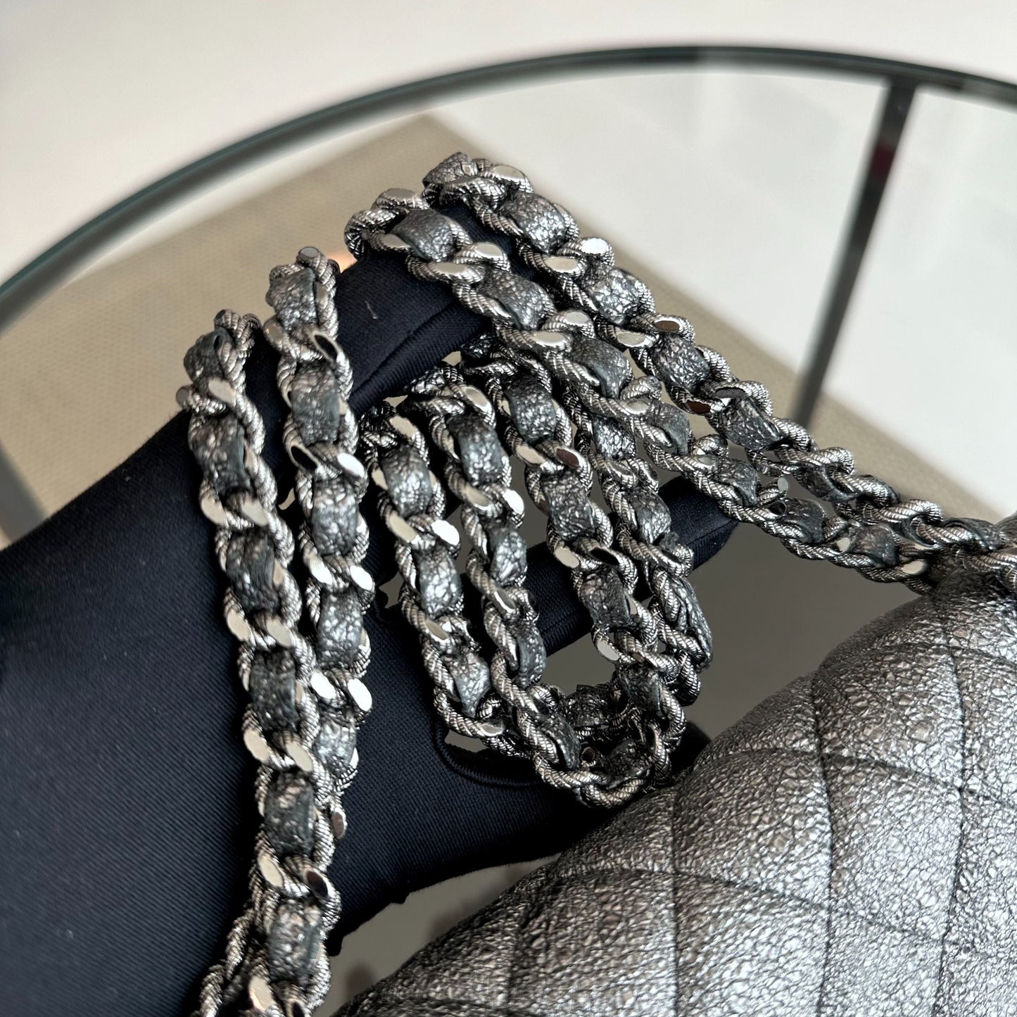 Metallic Crackled Calfskin Quilted Gray SHW No 11