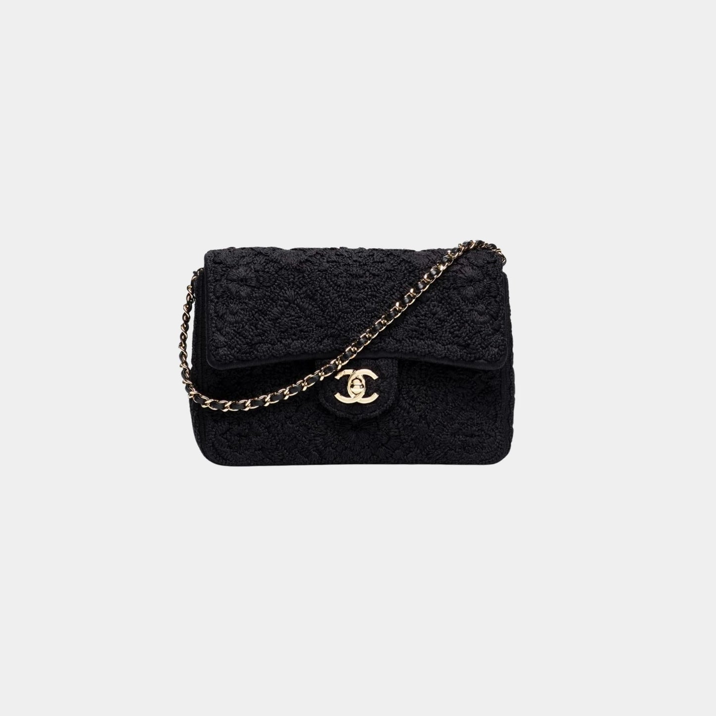 Mini Flap Bag Crochet-Effect Weaving & Gold Tone Metal Black