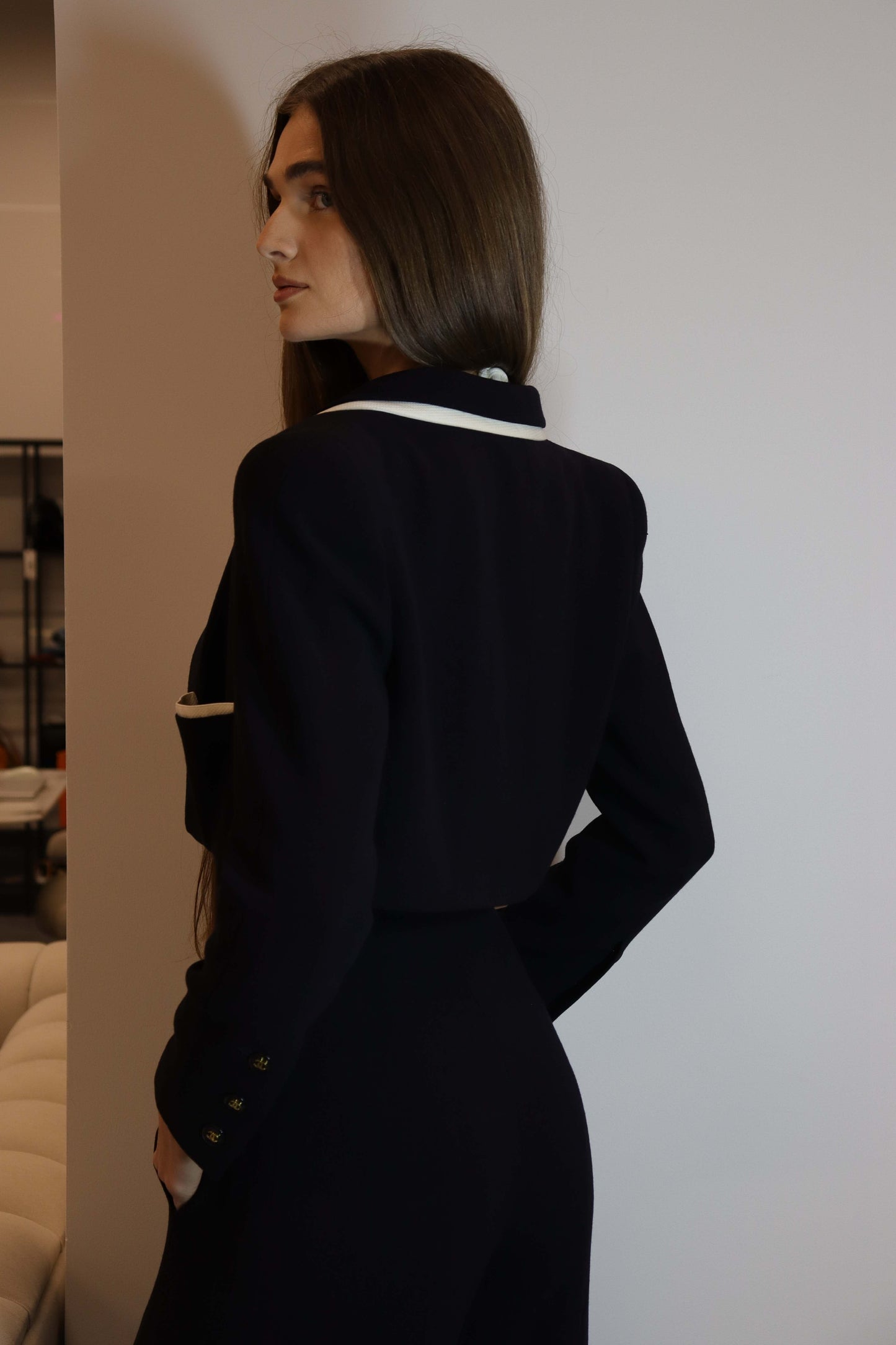 Chanel 95p Cropped Jacket Jumpsuit Set Navy White DXBS1982
