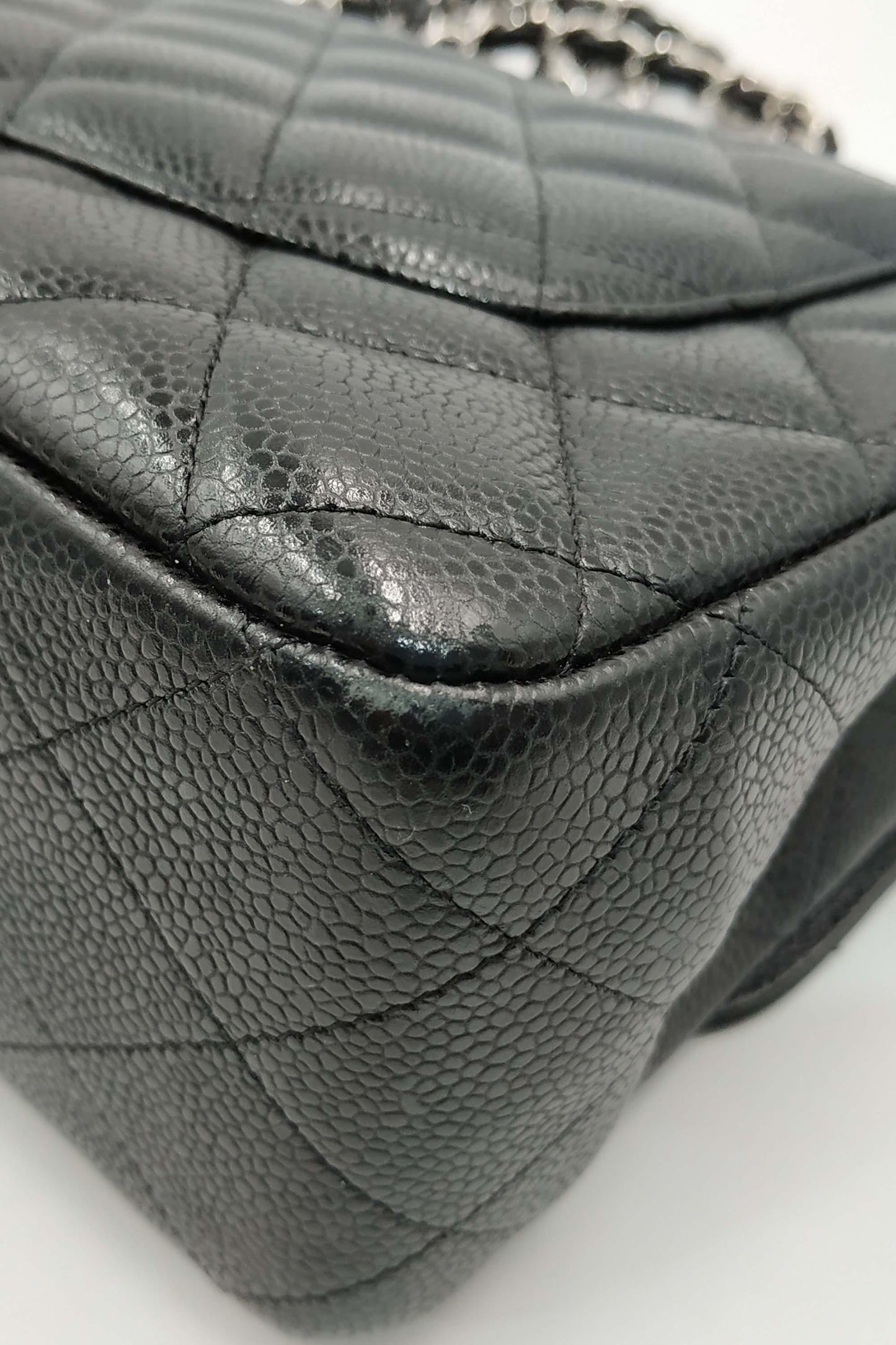 Quilted Caviar Jumbo Classic Single Flap Bag with Silver Hardware Black
