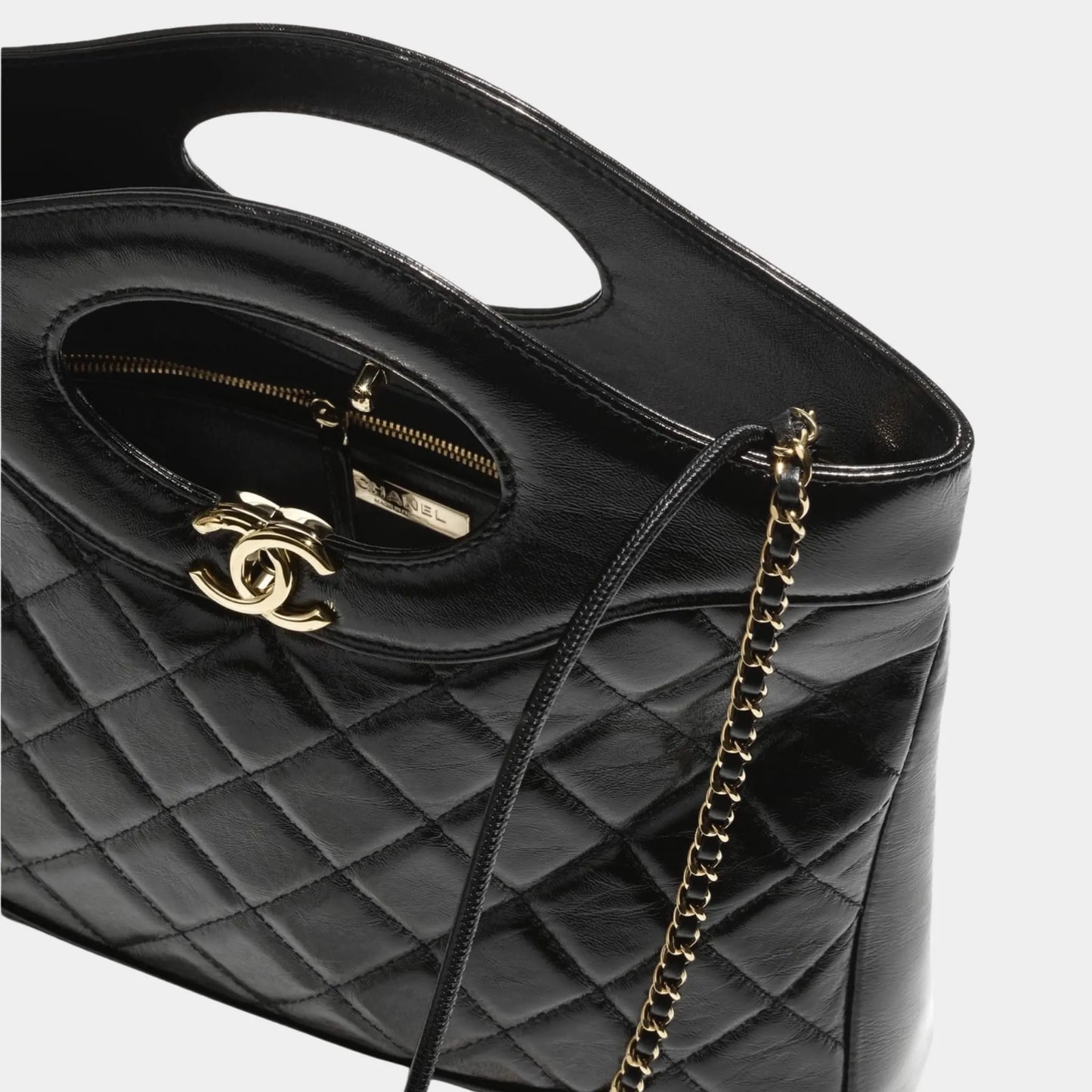 Shopping Bag Shiny Lambskin & Gold Tone Metal Black