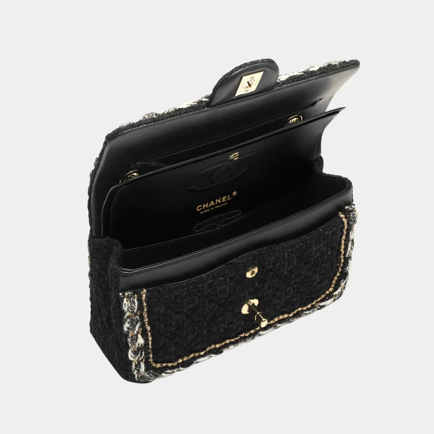 Small Classic Bag Cotton Tweed & Gold Metal Black