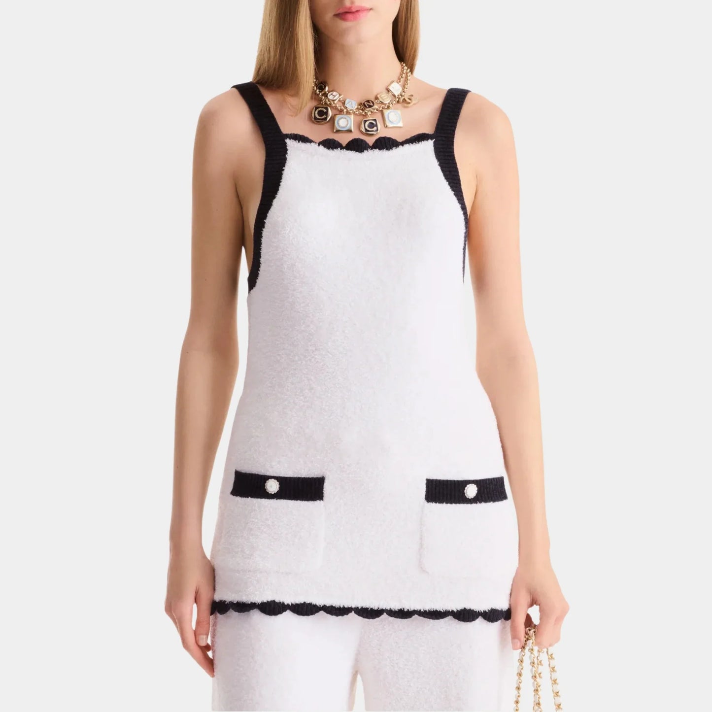 Chanel Top in White & Navy Blue Silk, Front