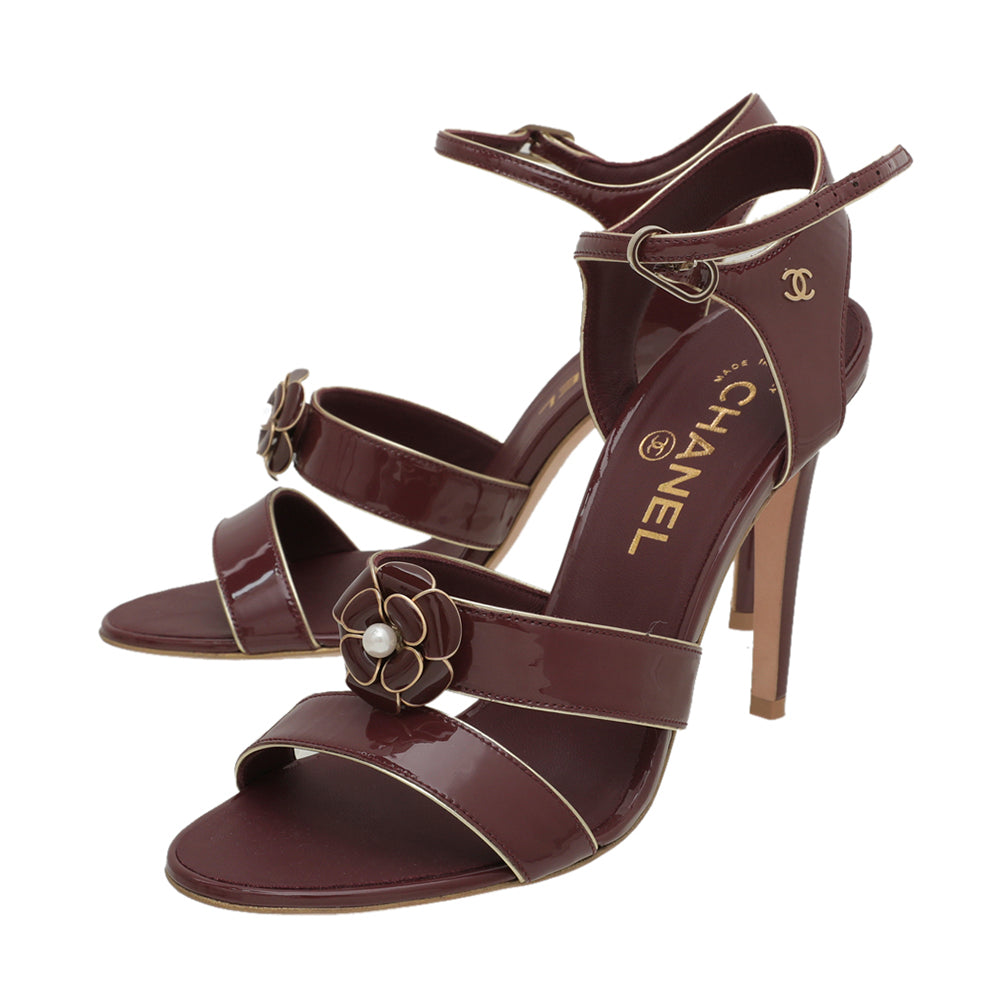 Chanel Wine Camellia Ankle Strap Heeled Sandal 39