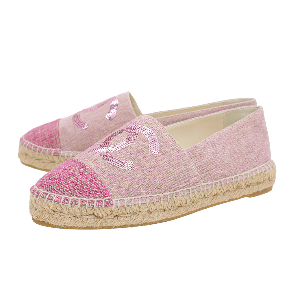 Chanel Pink CC Cap Toe Fabric Sequins Espadrille 40