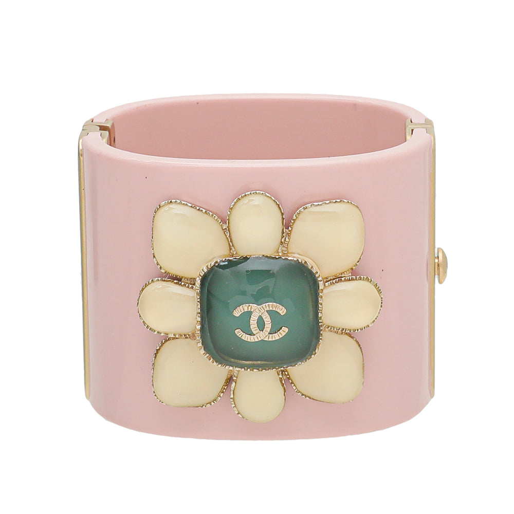 Chanel Pink CC Gripoix Enamel Wide Cuff Bracelet