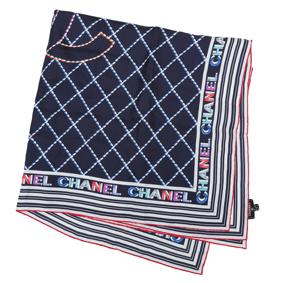 Chanel Navy Multicolor CC Logo Diamond Stitch Print Square Scarf