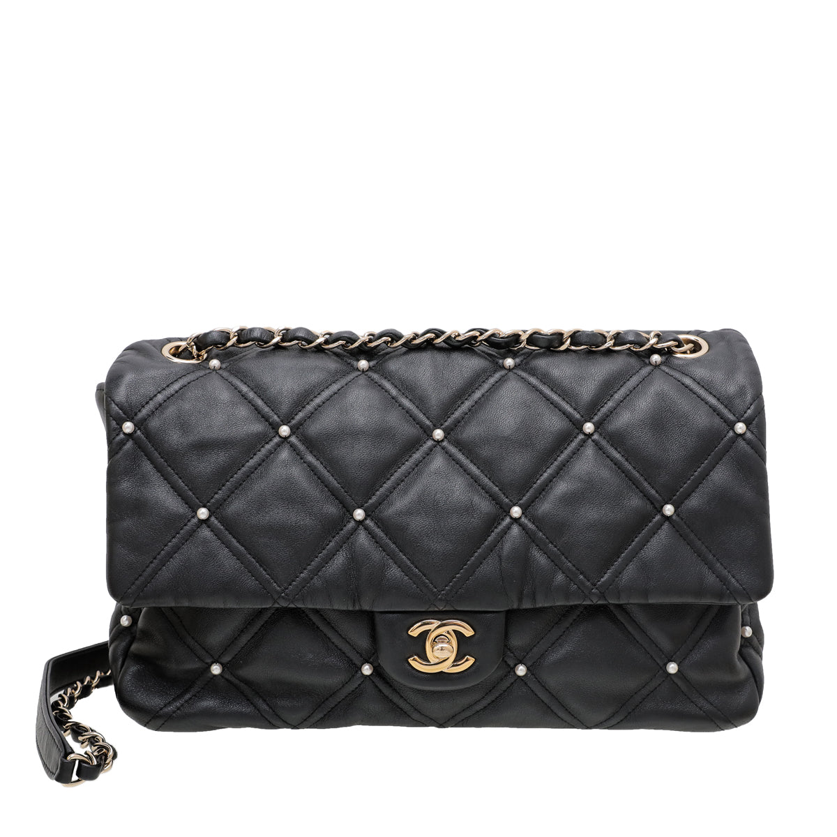 Chanel Black Pearl Studded Diamond Quilt Flap Bag