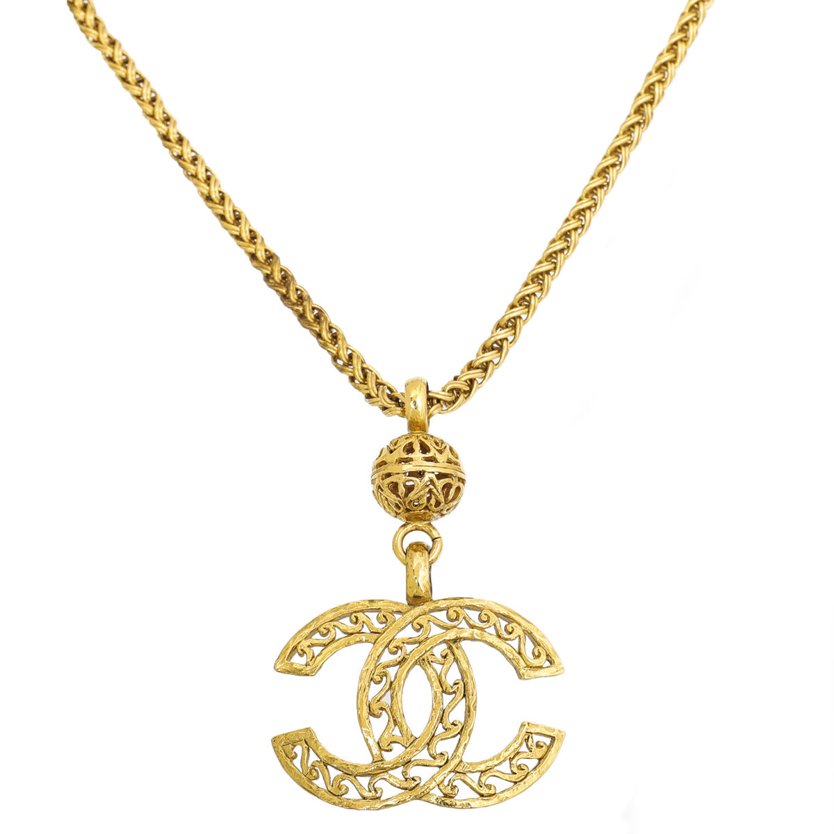 Chanel Gold Vintage Round Cage CC Spiga Long Necklace