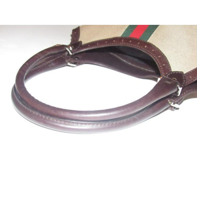Gucci britt reins blondie, dark khaki canvas & brown leather, two handle, two-way- satchel or hobo style purse with an open top, red and green Sherry stripe and chrome GG accent