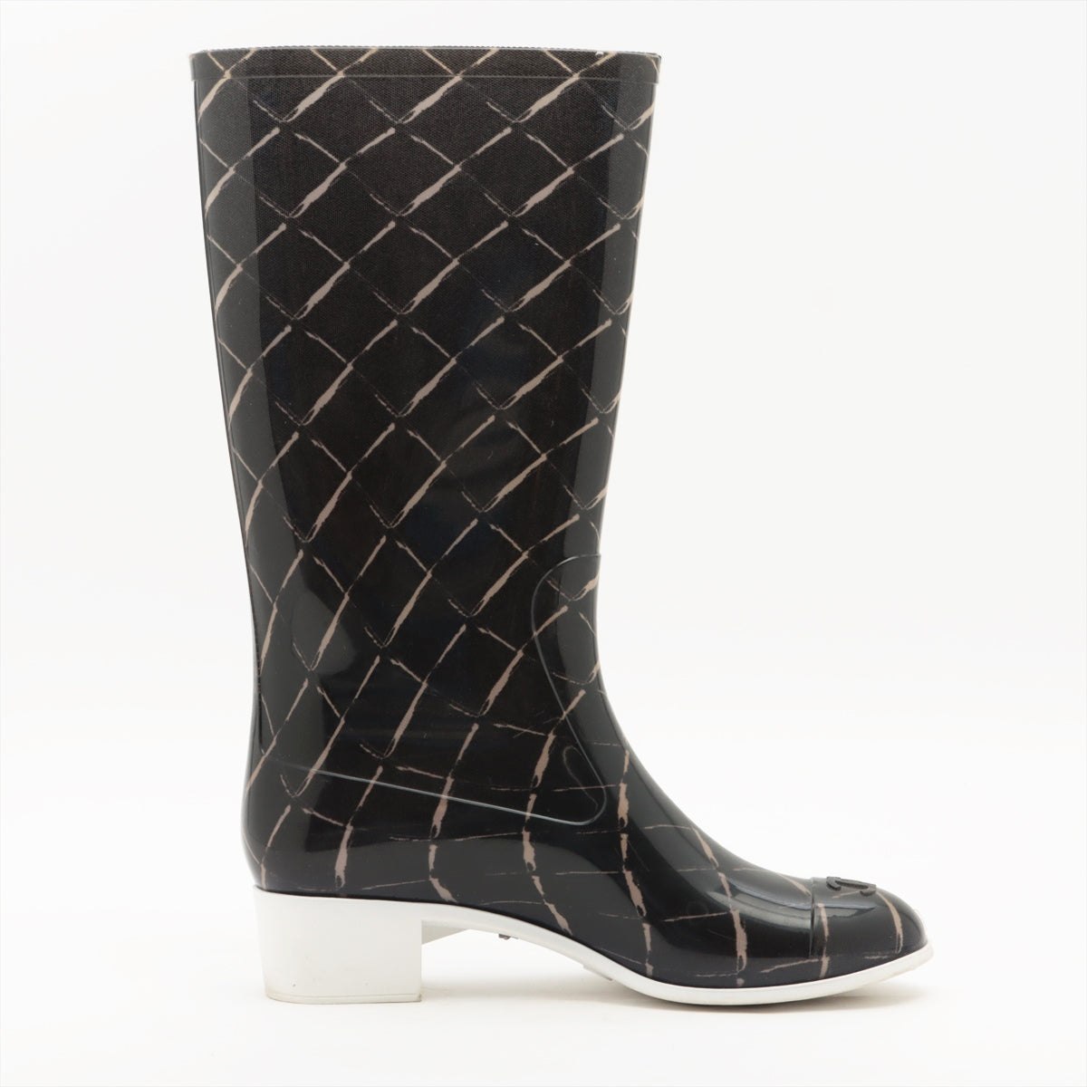 Chanel Coco Laver Rain Boots 35 Black x Beige Upper Inside Head Yogurt at