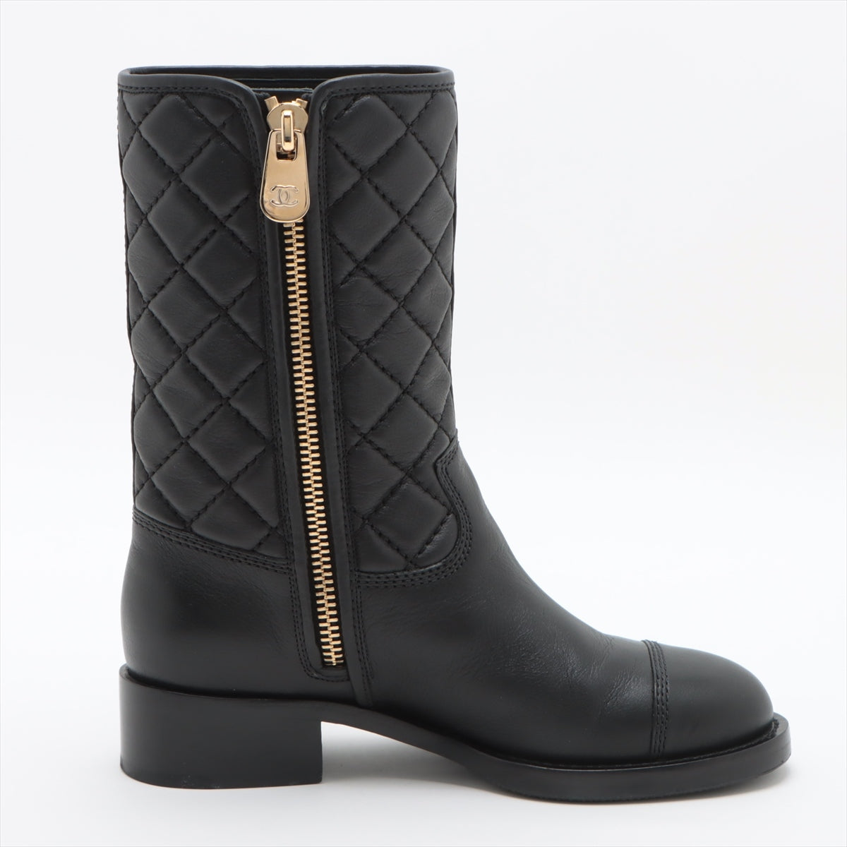Chanel Coco Leather Short Boots 36C Black G36707 Matrasse Side Zip