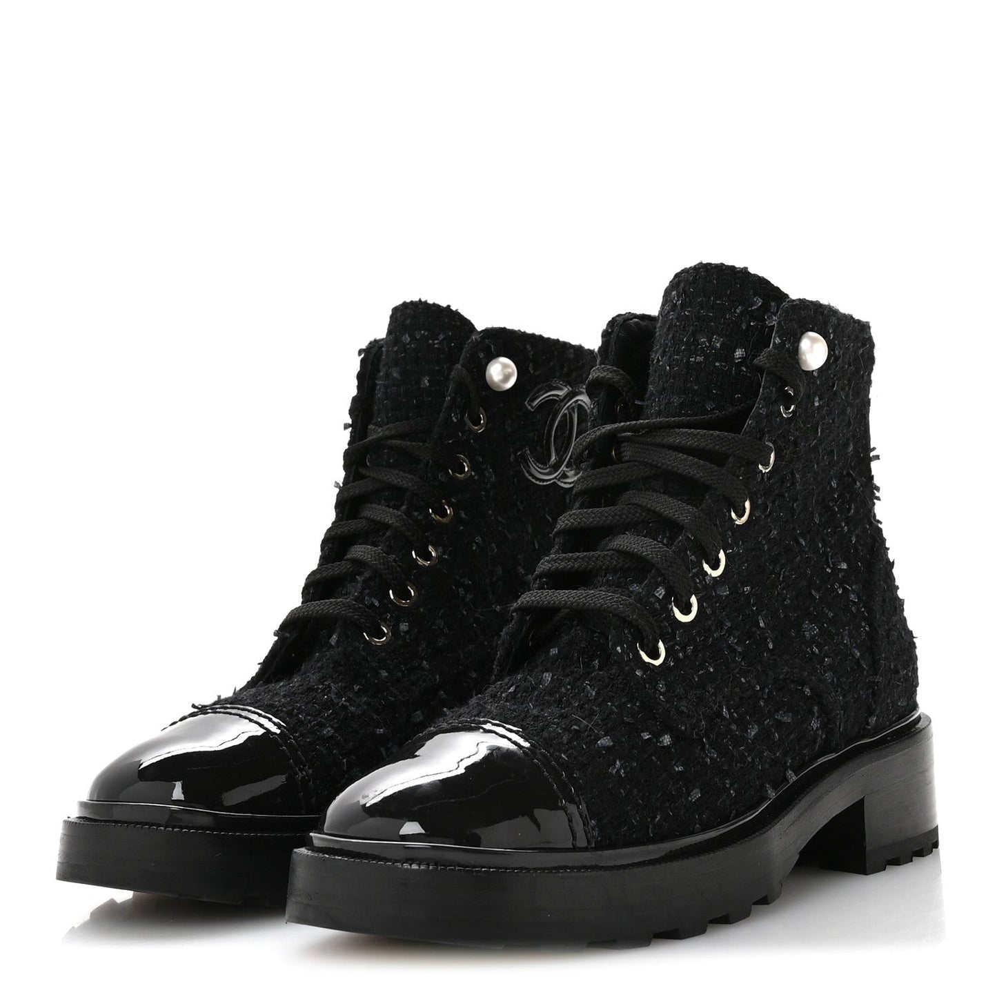 Tweed Patent Calfskin Pearl Combat Short Boots 37 Black Grey Blue