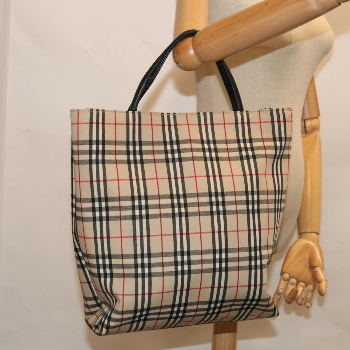 Burberry Nova Check Hand Bag Nylon Canvas Beige Auth ep3219