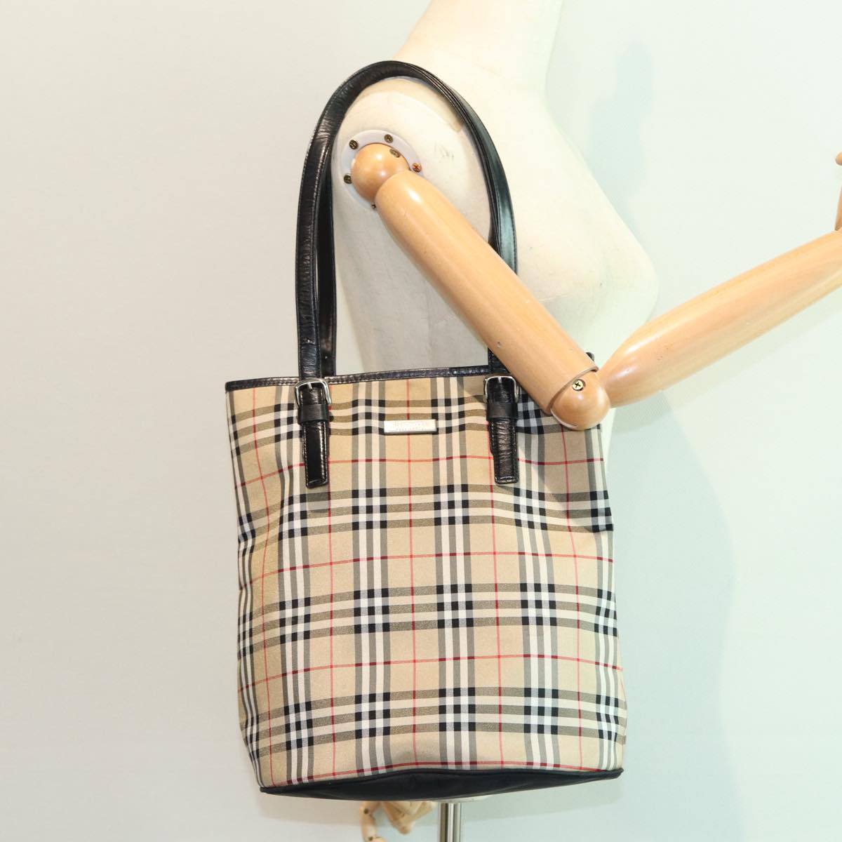 BURBERRYSs Nova Check Blue Label Tote Bag Nylon Beige Silver Auth ep5296