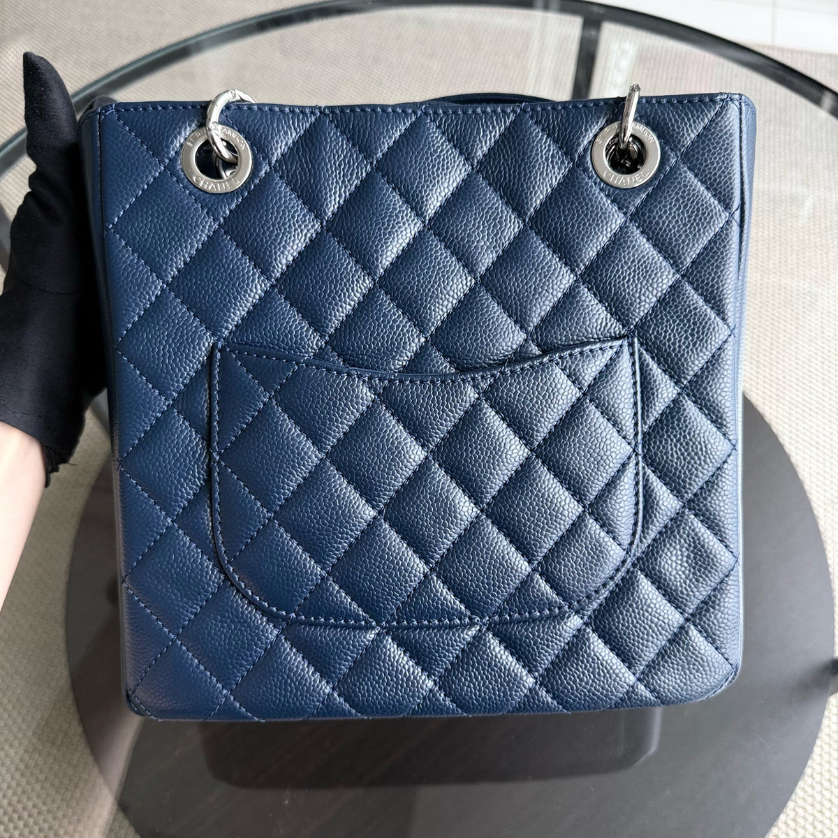 Chanel PST Petite Shopping Tote - Caviar 24CM Quilted Dark Blue Silver Hardware Series 15
