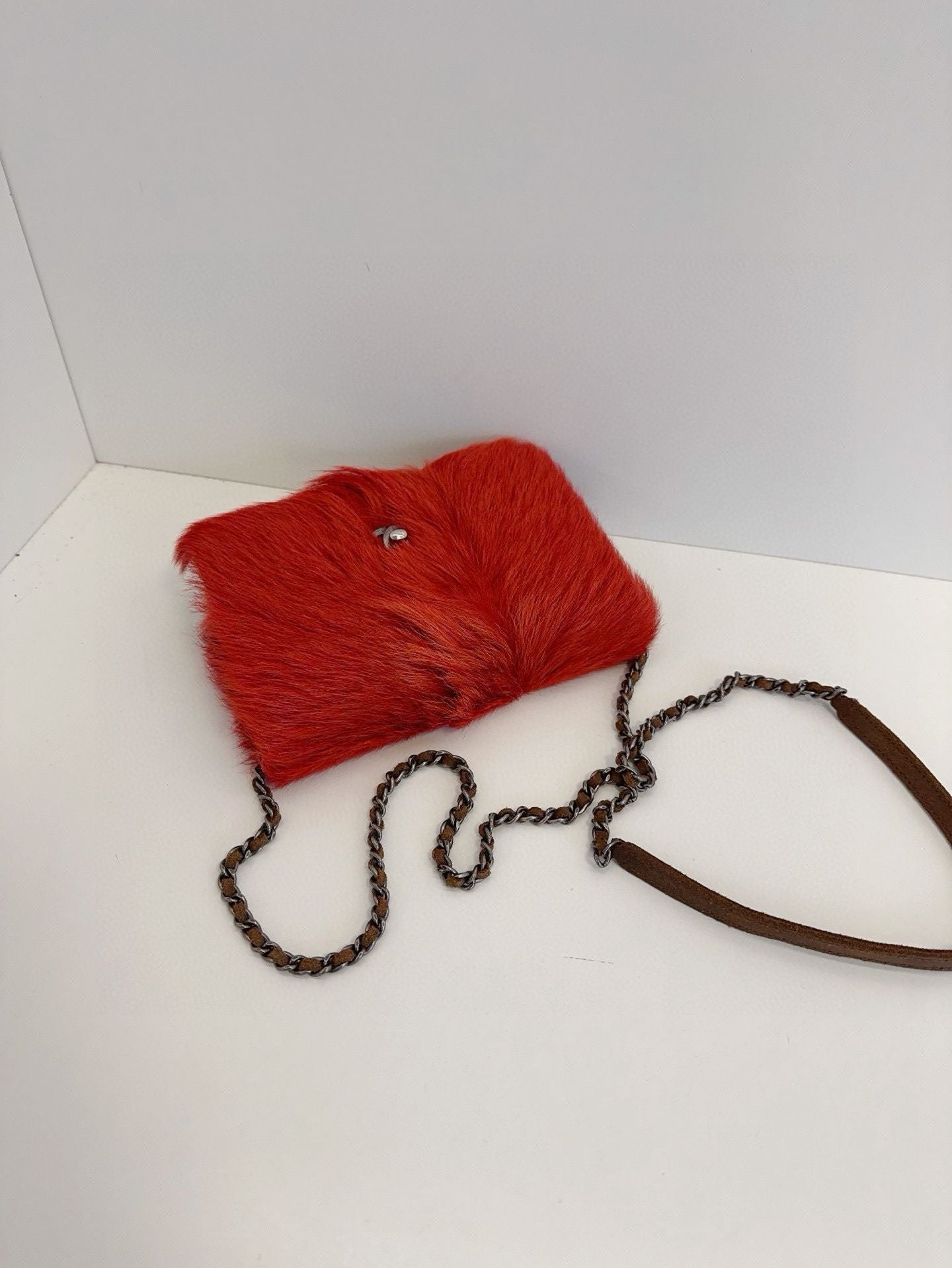 Vintage Chanel ECO-fur WOC chain bag red **cm