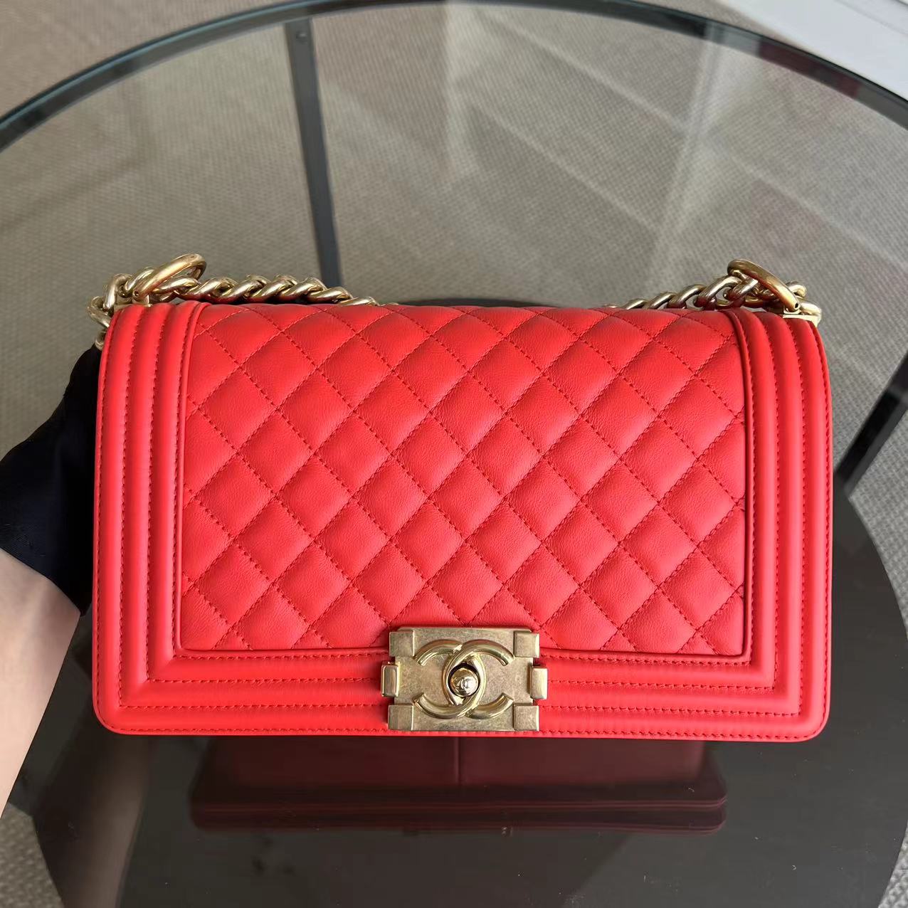 *Full Set, Receipt* Boy Old Medium 25CM Quilted Calfskin Red Leboy Golden Hardware Series 23
