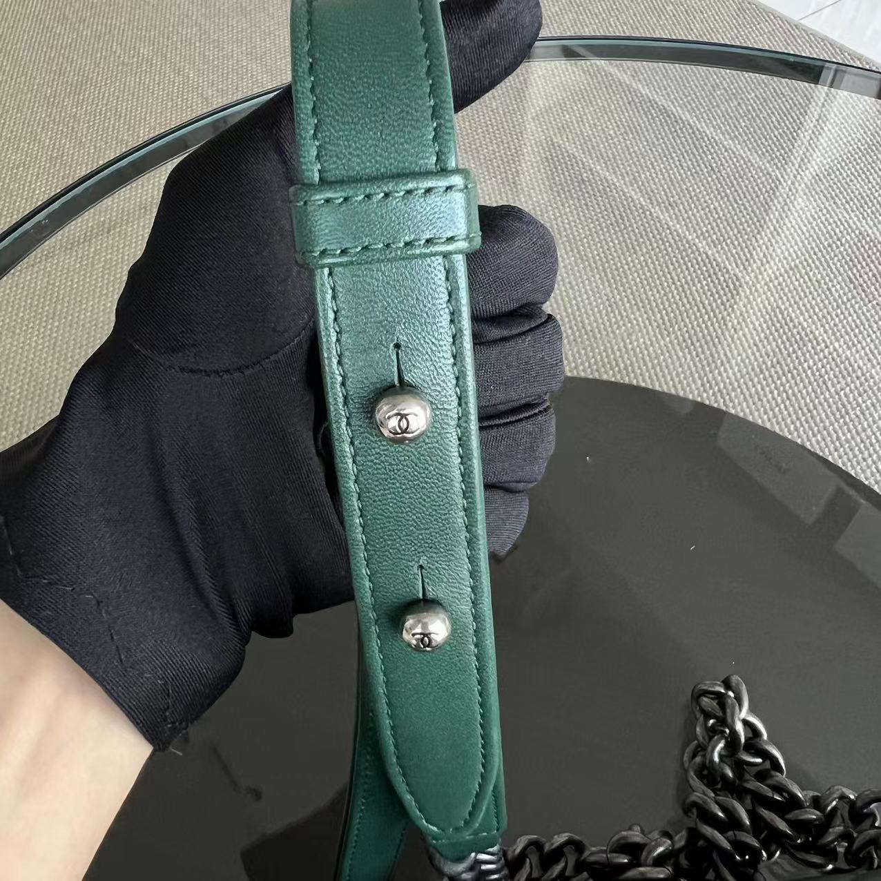*Full Set, Receipt* Boy Old Medium 25CM Quilted Lambskin Dark Green Leboy Silver Hardware Series 21