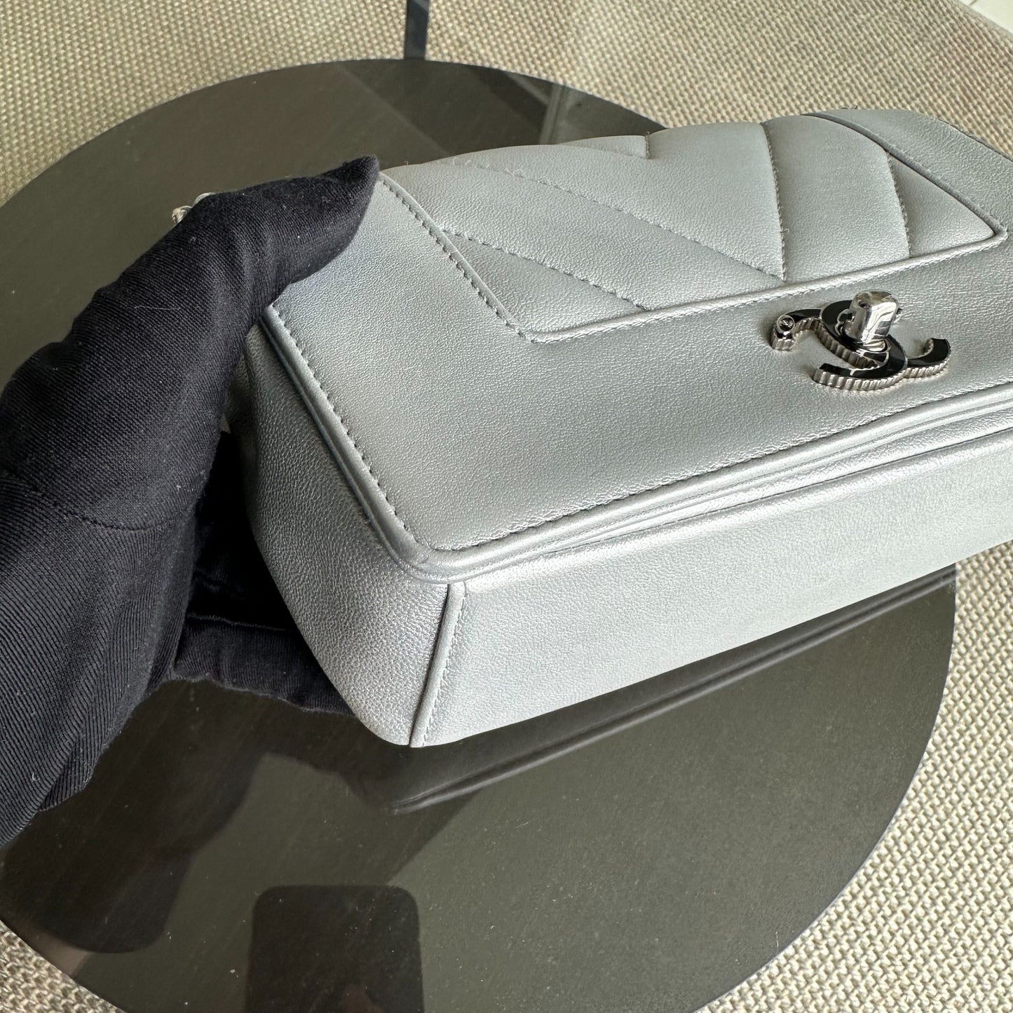 *Full Set, Receipt* Mademoiselle Small Seasonal Double Flap Chevron Calfskin Silver No 24