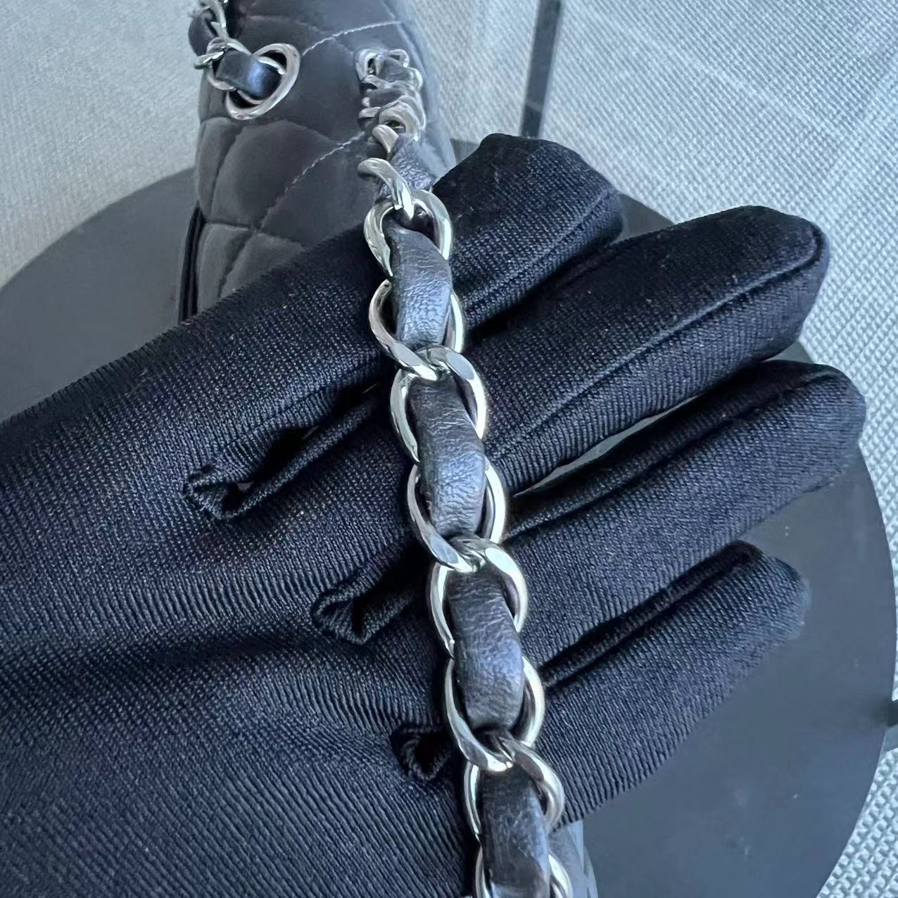 *Full Set, Receipt* Medium Double Flap 25CM Quilted Lambskin Dark Grey Gray Silver Hardware Series 16