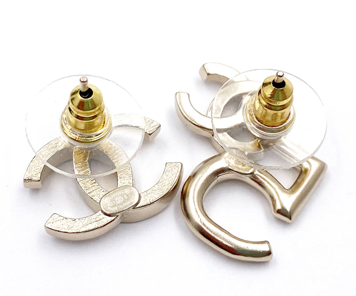 Chanel Brand New Gold CC Crystal Asymmetrical Piercing Earrings