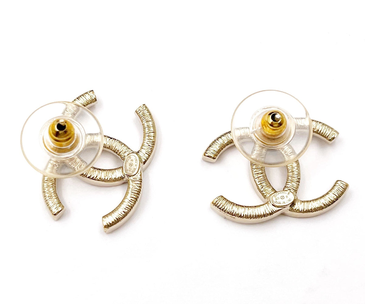 Chanel Classic Gold CC Thin Crystal Large Piercing Earrings