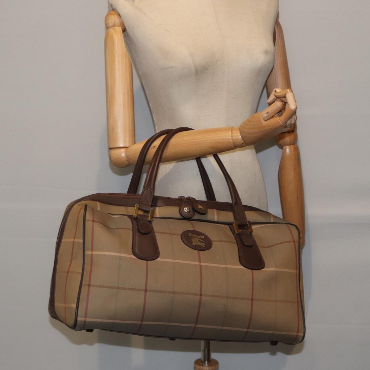 BURBERRYSs Nova Check Boston Bag Canvas Beige Auth hk1648